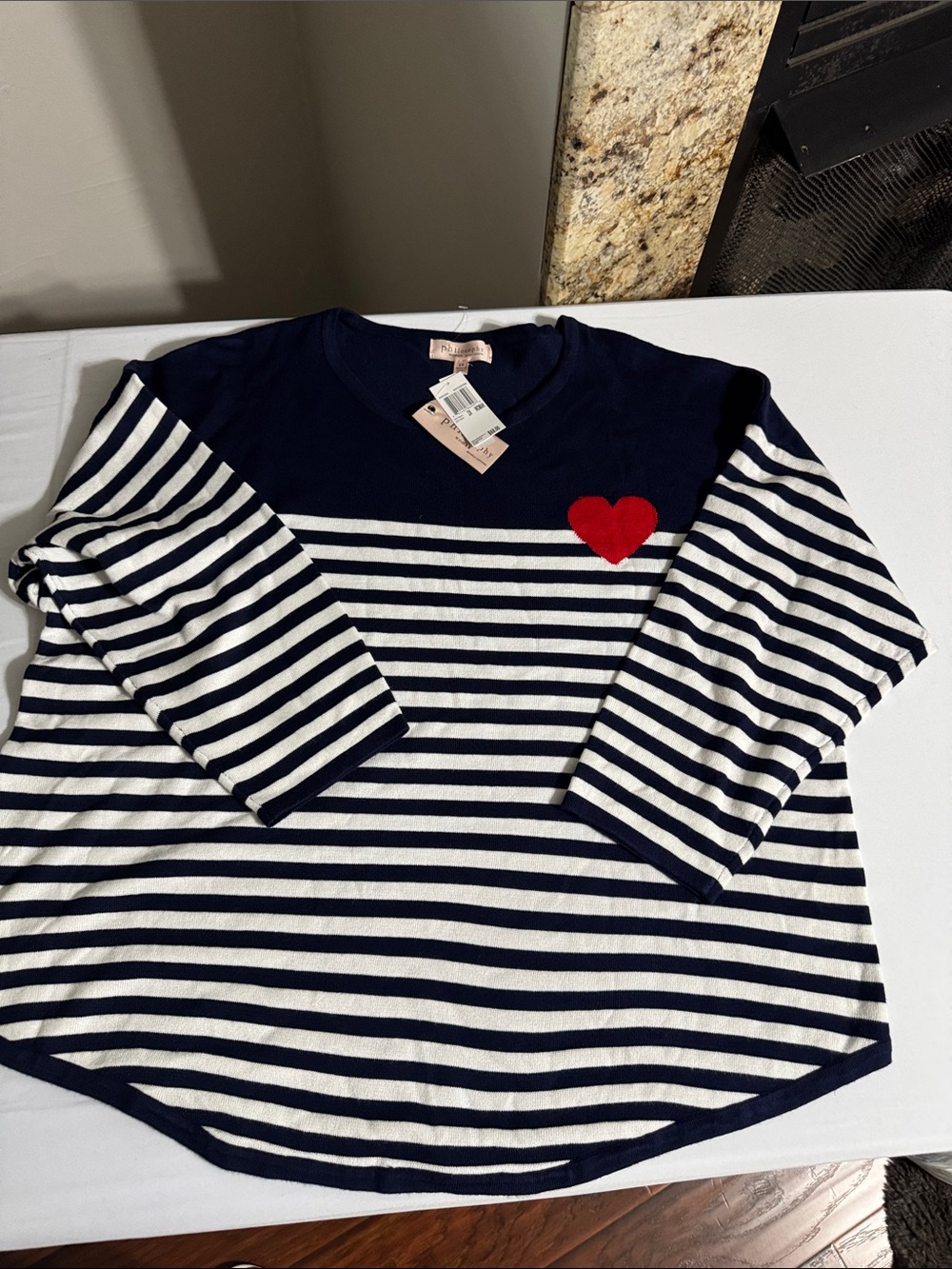 Philosophy Navy & White Striped Long-Sleeve Tee with Red Heart